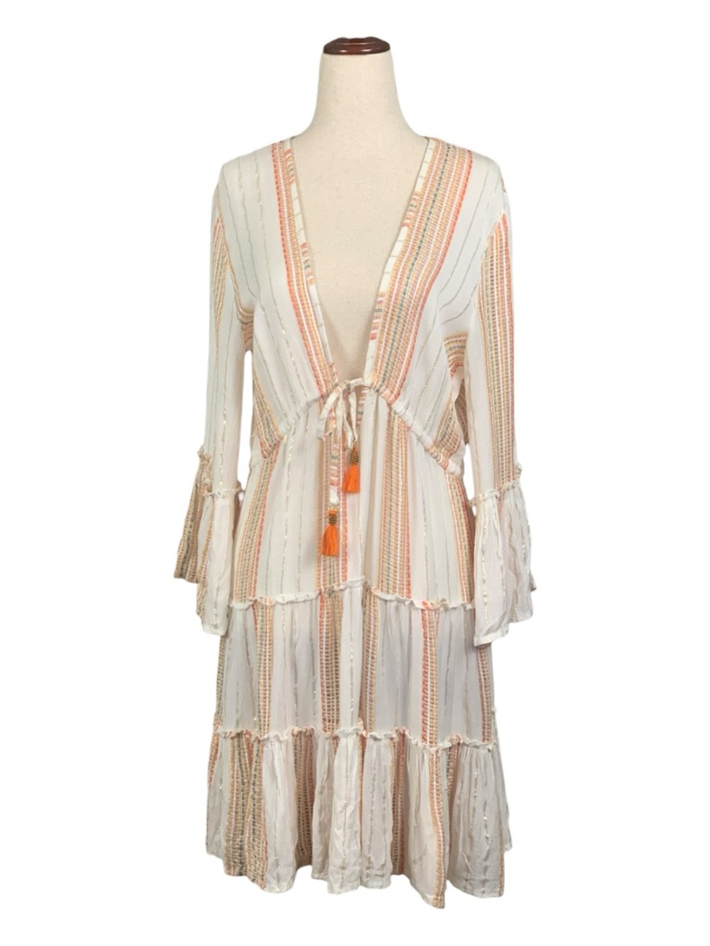 Blue Island Cream Stripe Boho Mini Dress Beach Cover Up Coastal Cowgirl‎ Small
